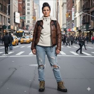 Levi's XL Brown Faux Leather Breanna Puffer Jacket with Cream Collar NWT